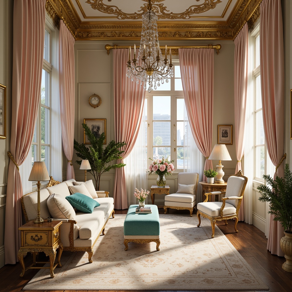 Prompt: Soft golden hues, pastel pink accents, ivory whites, rich turquoise blues, lavish velvet fabrics, intricate carved wood furnishings, ornate gilded frames, delicate lace details, subtle sparkle embellishments, warm candlelight ambiance, soft focus photography, shallow depth of field, 2/3 composition, elegant curved lines, whimsical floral patterns, antique furniture pieces, luxurious silk textiles, Rococo-inspired architecture, opulent crystal chandeliers.