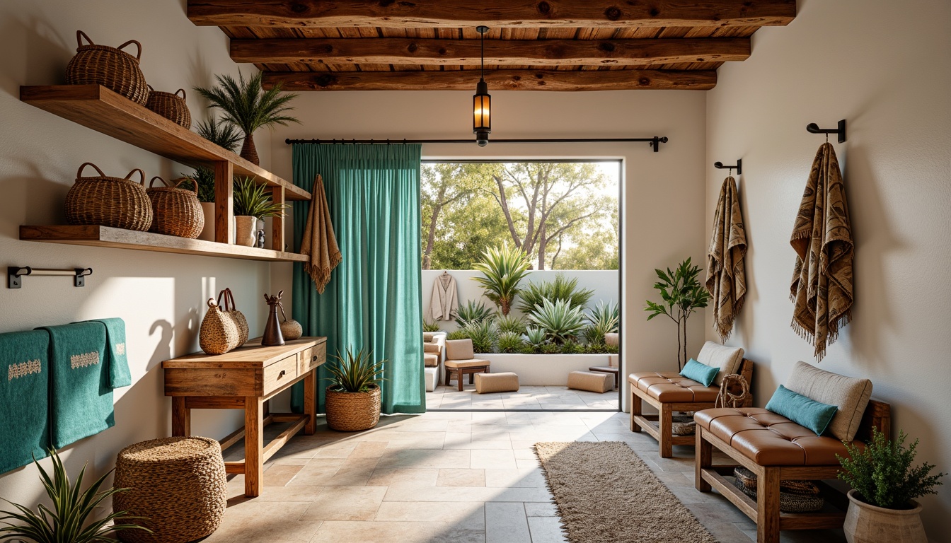 Prompt: Southwestern mudroom, earthy tone, natural stone flooring, woven baskets, rattan furniture, turquoise accents, vibrant textiles, geometric patterns, woven blankets, reclaimed wood shelves, industrial metal hooks, distressed leather benches, warm pendant lighting, shallow depth of field, 1/1 composition, panoramic view, realistic textures, ambient occlusion.