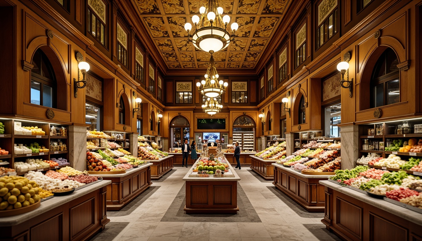 Prompt: Luxurious Renaissance-style grocery store, ornate golden accents, rich wood tones, lavish chandeliers, marble countertops, frescoed ceiling, grand archways, elegant wall treatments, intricate molding details, refined shelving units, exquisite tile work, warm ambient lighting, soft focus blur, shallow depth of field, 2/3 composition, symmetrical framing, realistic textures, subtle color grading.