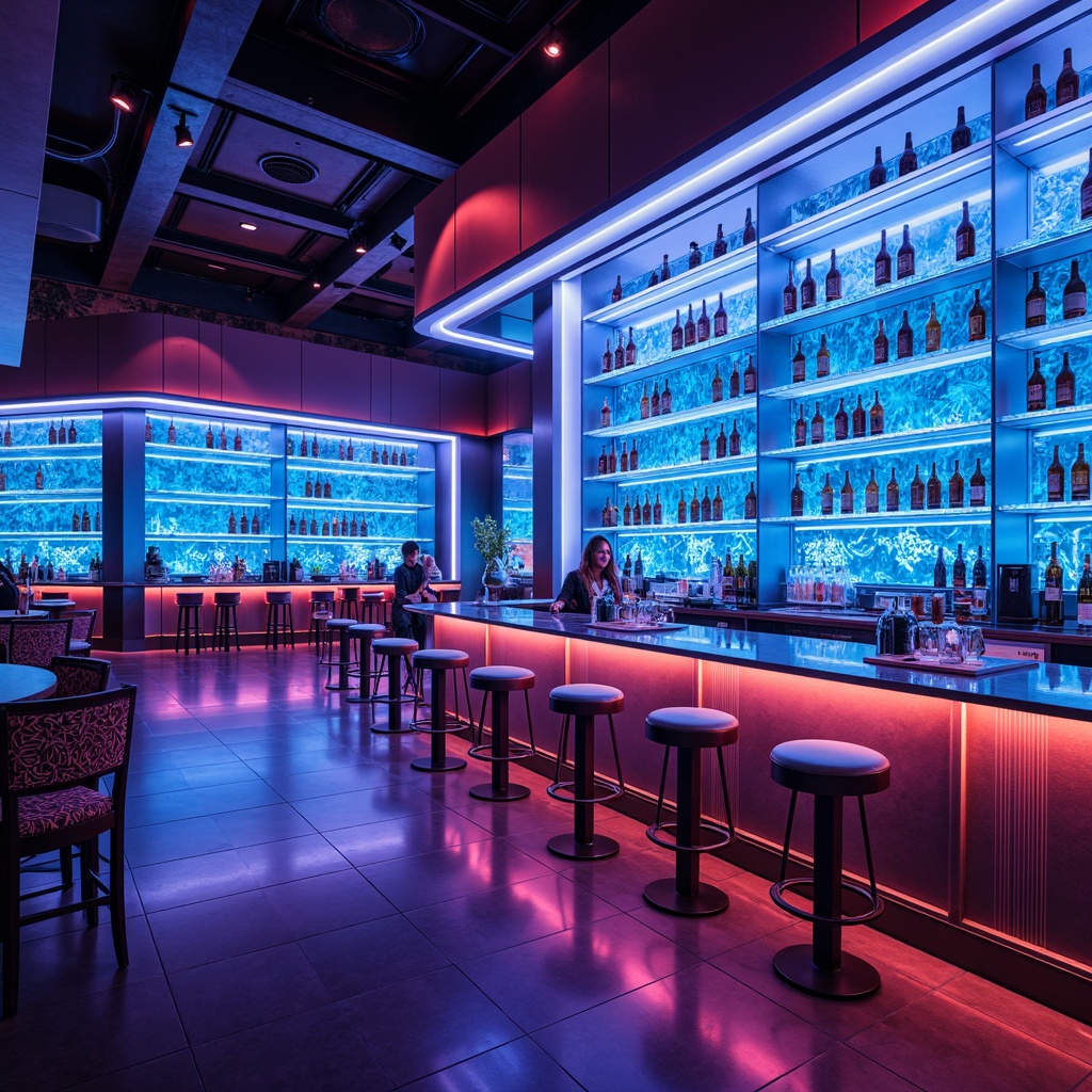 Prompt: Neon-lit futuristic bar, sleek metal countertops, holographic cocktail displays, levitating bottle shelves, interactive LED lighting, cyberpunk-inspired stools, transparent glass floors, 3D-printed decorative screens, ambient fog effects, soft blue glow, shallow depth of field, 2/3 composition, panoramic view, realistic metallic textures, subtle neon reflections.Please let me know if this meets your expectations!