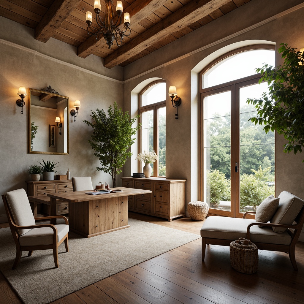 Prompt: Warm and inviting French country-style office, soft warm lighting, rustic wooden accents, distressed stone walls, vintage metal lanterns, elegant chandeliers, creamy whites, weathered wood tones, natural linen fabrics, ornate mirrors, antique furniture pieces, plush area rugs, cozy reading nooks, floor-to-ceiling windows, luscious greenery, warm beige color palette, classic architectural details, sophisticated yet rustic ambiance, shallow depth of field, 1/1 composition, softbox lighting.