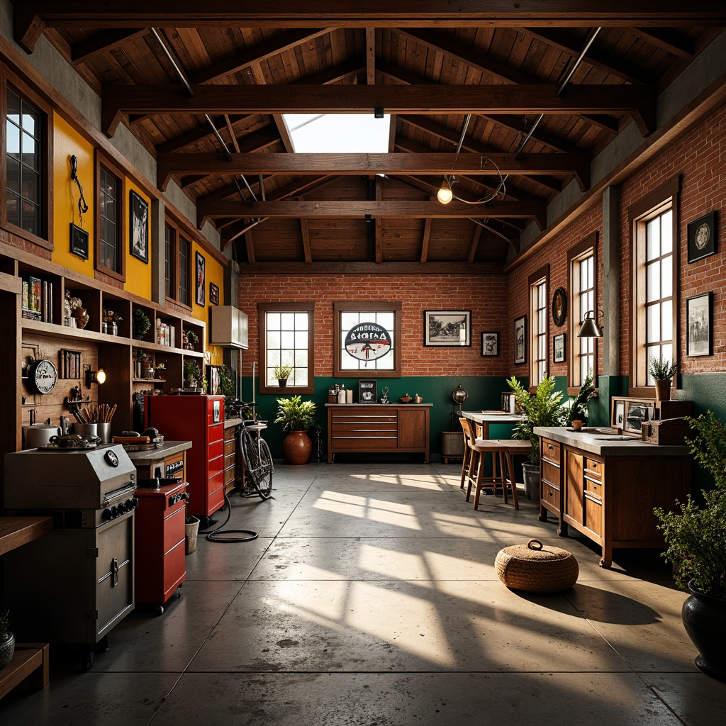 Prompt: Rustic garage interior, warm earthy tones, rich wood accents, metal tools, industrial lighting, concrete floors, brick walls, vintage car displays, nostalgic memorabilia, distressed finishes, bold color blocking, high-contrast shadows, dramatic lighting effects, cinematic composition, realistic textures, ambient occlusion.