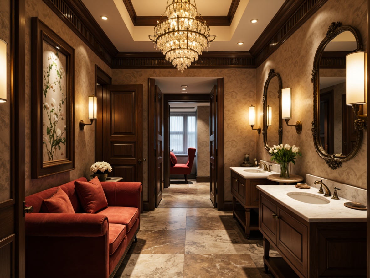 Prompt: Elegant powder room, soft warm glow, ornate light fixtures, crystal chandeliers, luxurious marble countertops, rich wood cabinetry, antique bronze hardware, plush velvet upholstery, intimate seating areas, dramatic ceiling heights, indirect lighting, subtle color palette, ambient shadows, 1/2 composition, shallow depth of field, realistic textures, atmospheric rendering.