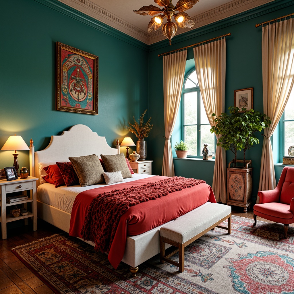 Prompt: Vibrant eclectic bedroom, rich turquoise walls, bold red accents, creamy white furniture, distressed wood textures, ornate gold frames, plush velvet fabrics, Moroccan-inspired tiles, colorful abstract artwork, layered rugs, natural linen drapes, warm task lighting, cozy reading nook, eclectic decorative accessories, global-inspired patterns, mixed metallic finishes, whimsical touches, bohemian vibe, soft focus, shallow depth of field, 1/2 composition, atmospheric perspective.