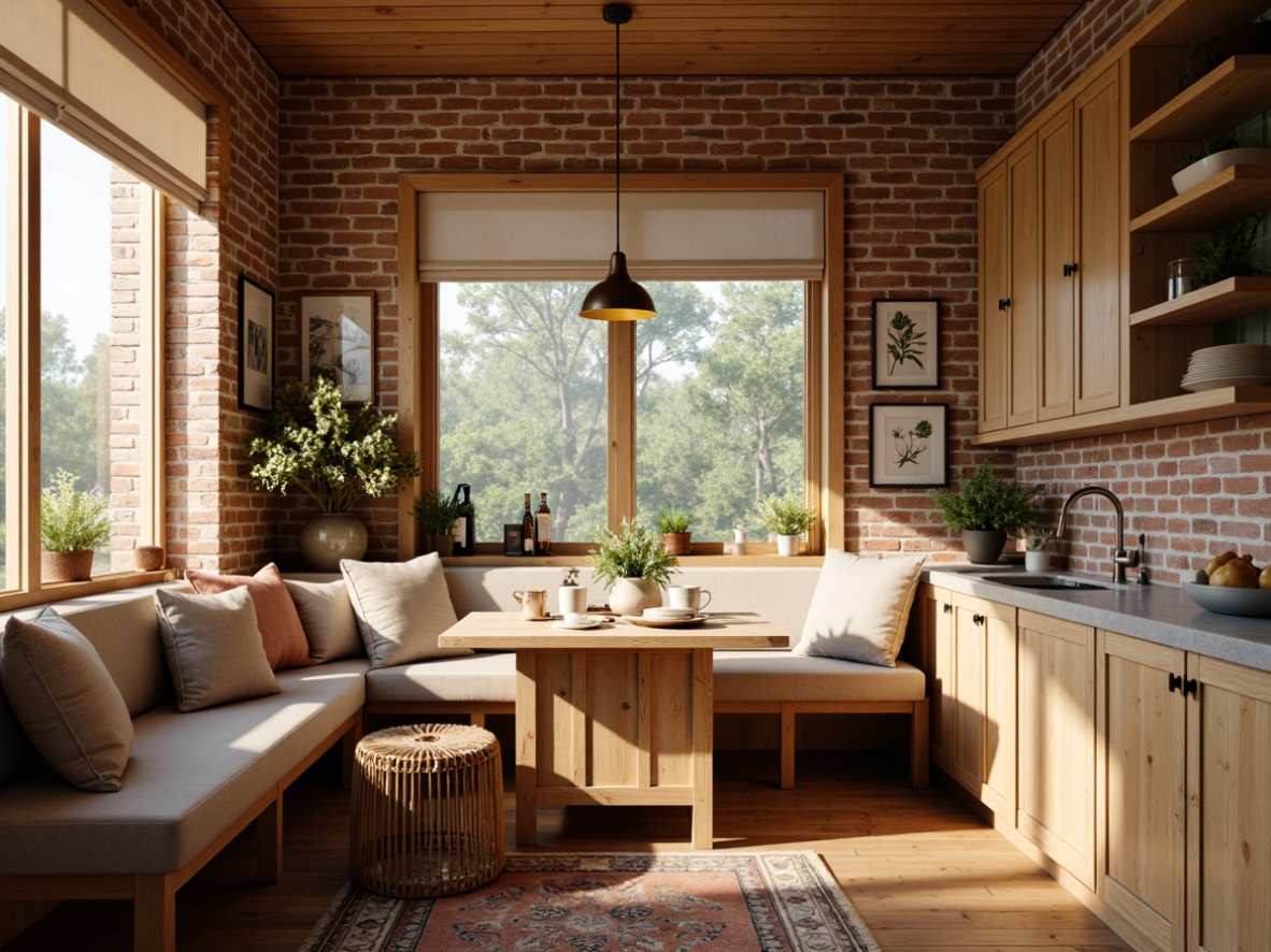 Prompt: Cozy breakfast nook, warm wood tones, rustic brick walls, soft creamy lighting, pendant lanterns, bronze metal fixtures, linen shades, natural stone countertops, farmhouse sink, traditional cabinetry, woven rattan chairs, plush cushions, botanical prints, vintage decor accents, morning sunlight, soft focus, shallow depth of field, 1/1 composition, realistic textures, ambient occlusion.