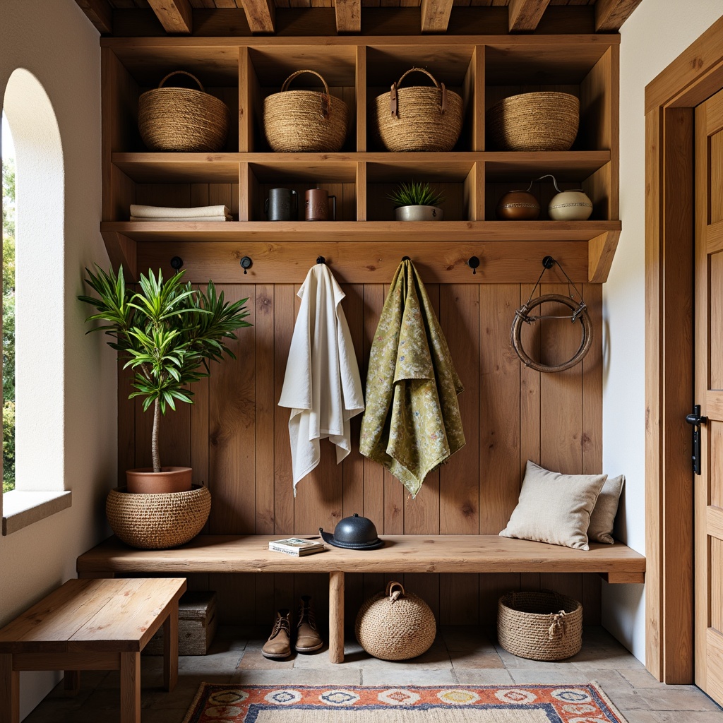 Prompt: Rustic mudroom, southwestern decor, earthy tones, woven baskets, natural textiles, wooden benches, stone floors, rustic metal accents, vintage outdoor gear, distressed leather straps, woven blankets, rattan storage bins, colorful ceramic tiles, warm ambient lighting, shallow depth of field, 1/1 composition, realistic textures, soft focus effect.