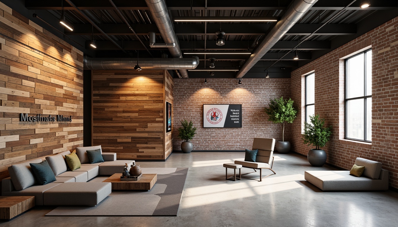 Prompt: Reclaimed wood accent walls, exposed brick surfaces, polished concrete floors, industrial metal beams, minimalist sports equipment, motivational quotes, natural stone feature walls, modern LED lighting, urban loft atmosphere, open ceiling structures, distressed wood textures, warm earthy tones, dynamic angular lines, bold color accents, eclectic furniture pieces, abstract geometric patterns, high-gloss finishes, 1/2 composition, dramatic shadows, softbox lighting.