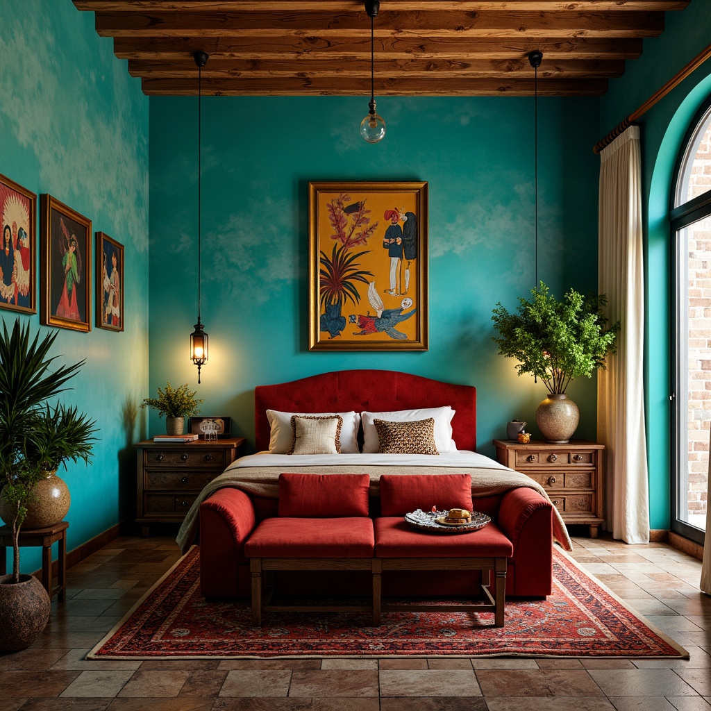 Prompt: Vibrant eclectic bedroom, bold color palette, rich turquoise walls, warm golden accents, plush velvet furniture, distressed wood flooring, Moroccan-inspired tiles, ornate metal lanterns, lush greenery, statement art pieces, eclectic textiles, global-inspired patterns, soft candlelight, warm atmospheric lighting, shallow depth of field, 1/2 composition, realistic textures.