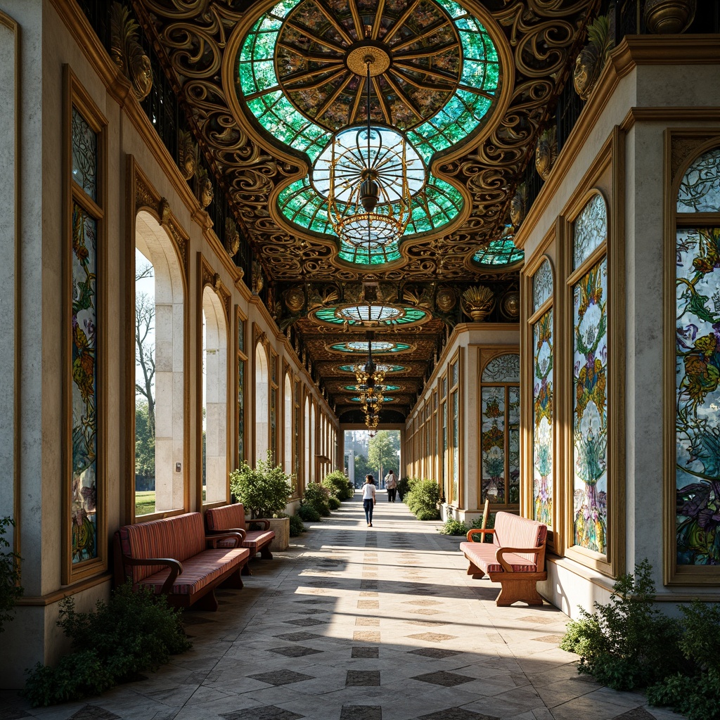 Prompt: Intricate ornate bus stations, flowing organic lines, sinuous curves, botanical motifs, stained glass windows, vibrant jewel-toned colors, emerald green, sapphire blue, amethyst purple, golden accents, bronze metallic details, ornate ironwork, ceramic tiles, mosaic patterns, soft warm lighting, afternoon sunlight, shallow depth of field, 1/1 composition, realistic textures, ambient occlusion.