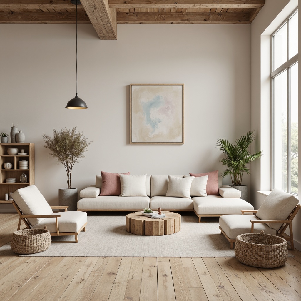 Prompt: Soft beige walls, light oak wood flooring, natural linen upholstery, creamy white accents, gentle gray tones, warm blush pink hues, muted blue undertones, organic textures, woven baskets, minimalist decor, industrial metal lighting, geometric patterns, monochromatic color scheme, airy openness, soft diffused lighting, 1/1 composition, realistic rendering, ambient occlusion.