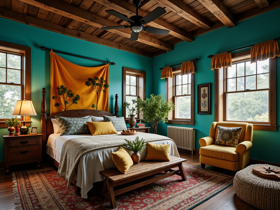 Prompt: Vibrant eclectic bedroom, rich turquoise walls, warm golden accents, distressed wood furniture, plush velvet fabrics, eclectic patterned rugs, bohemian-inspired tapestries, bold black metal fixtures, rustic wooden ceiling beams, natural woven baskets, whimsical decorative trinkets, soft warm lighting, shallow depth of field, 1/1 composition, intimate atmosphere, realistic textures.