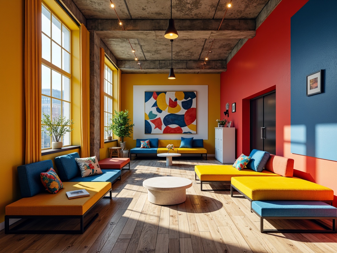 Prompt: Vibrant dormitory, bold geometric shapes, primary color accents, functional furniture, minimalist decor, industrial metal frames, raw concrete walls, exposed brick ceilings, wooden floorboards, eclectic artwork, abstract patterns, warm beige tones, deep blue hues, bright yellow highlights, rich red accents, soft natural light, high contrast shadows, dramatic spotlights, 1/2 composition, asymmetrical layout, urban loft atmosphere.