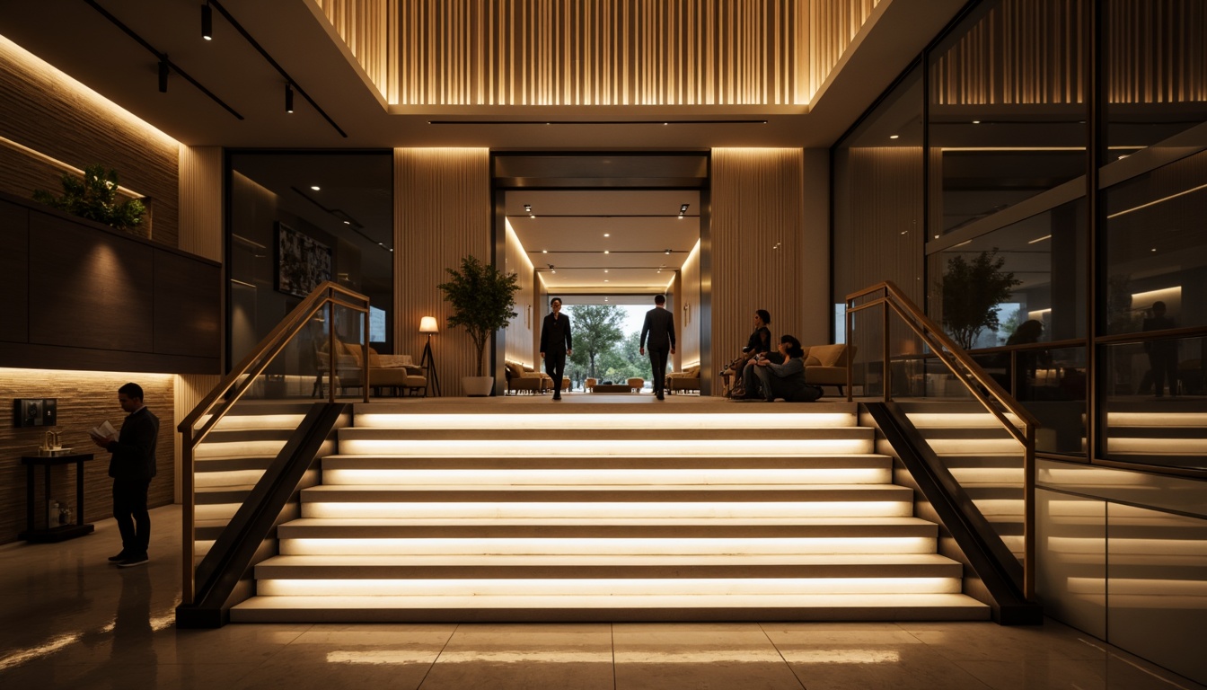 Prompt: Modern staircase, sleek metal railings, minimalist design, LED strip lighting, warm white ambiance, soft glowing steps, suspended ceiling fixtures, recessed lighting, indirect illumination, luxurious atmosphere, high-gloss flooring, reflective surfaces, dramatic shadow effects, 1/1 composition, low-angle shot, cinematic mood, realistic textures, ambient occlusion.