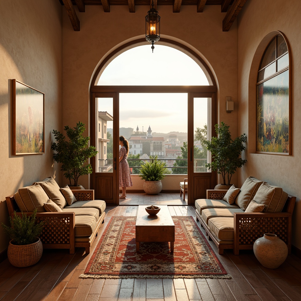 Prompt: Cozy Mediterranean-style apartment, warm beige walls, rustic wooden floors, plush velvet sofas, ornate wooden armchairs, vintage Moroccan tiles, intricately patterned rugs, distressed leather ottomans, woven wicker baskets, earthy terracotta vases, lush greenery, soft natural lighting, airy balconies, scenic city views, warm golden hour, shallow depth of field, 1/1 composition, realistic textures, ambient occlusion.