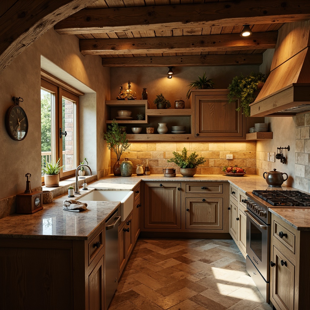 Prompt: Rustic kitchen, warm earthy tones, natural stone countertops, honed granite surfaces, rough-hewn wooden cabinetry, vintage metal hardware, distressed finishes, traditional architectural details, soft warm lighting, shallow depth of field, 1/2 composition, realistic textures, ambient occlusion.