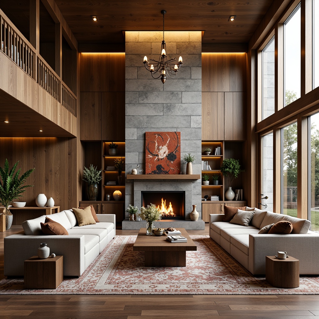 Prompt: Luxurious great room interior, rich wood textures, stone fireplace, comfortable plush sofas, velvety pillows, intricate rug patterns, warm golden lighting, tall ceiling heights, elegant chandelier, modern minimalist coffee table, decorative vases, natural material accents, earthy tone color palette, cozy reading nooks, floor-to-ceiling windows, soft diffused light, 1/1 composition, shallow depth of field, realistic reflections.