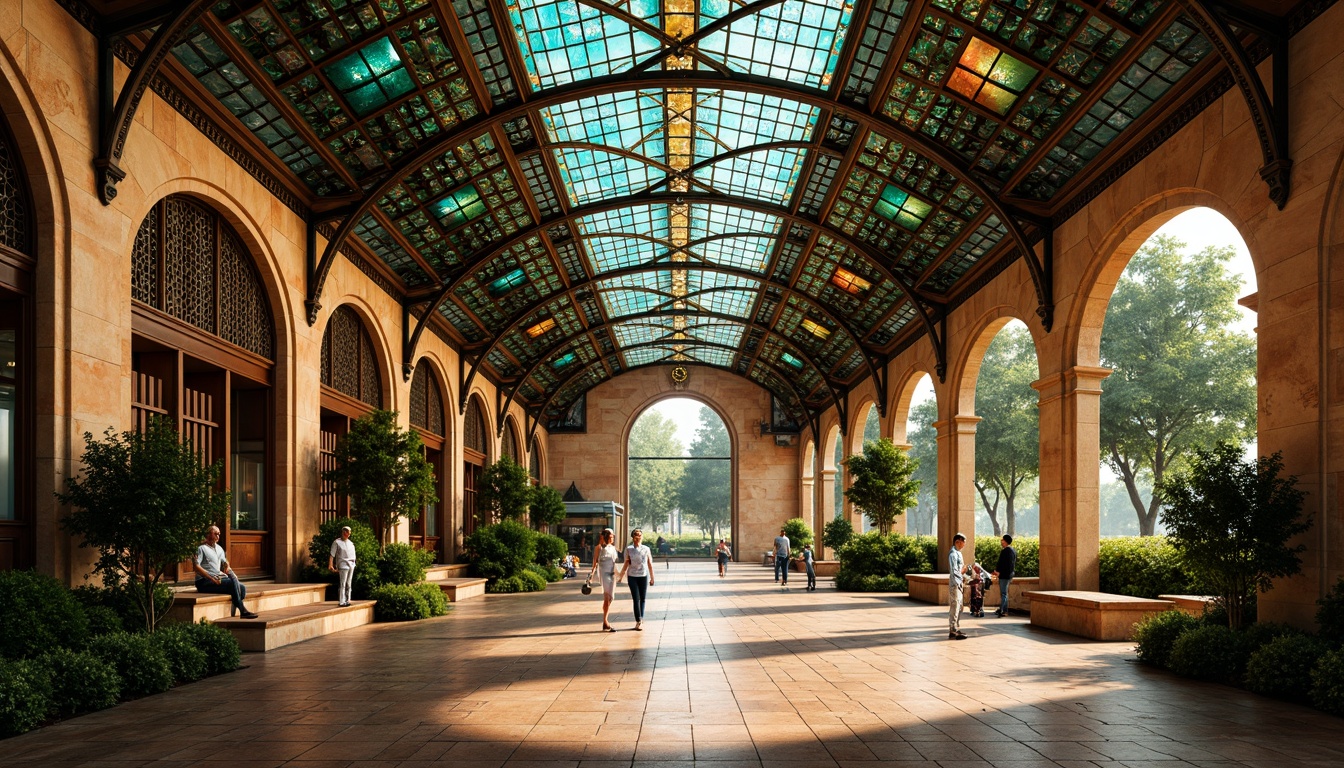 Prompt: Intricate bus station, ornate metalwork, flowing organic lines, vibrant turquoise, rich gold accents, iridescent glass mosaics, earthy terracotta tones, lush greenery, natural stone walls, ornamental iron gates, grand archways, stained glass ceilings, warm golden lighting, soft focus, shallow depth of field, 2/3 composition, symmetrical framing, highly detailed textures, ambient occlusion.