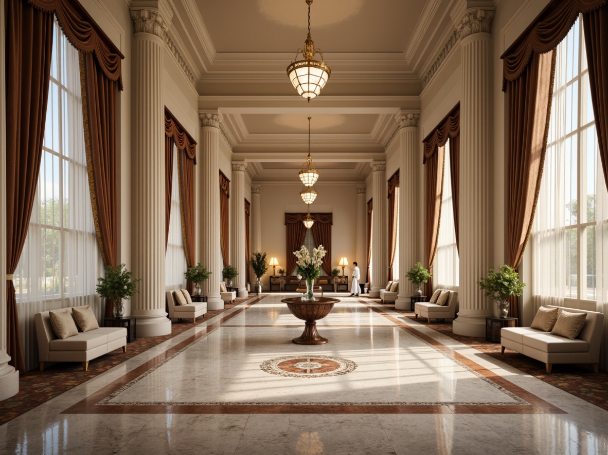 Prompt: Elegant community center, neoclassical architecture, grandiose columns, ornate moldings, luxurious fabrics, velvet drapes, silk upholstery, intricate embroidery, subtle sheen, natural light filtering, warm beige tones, rich wood accents, polished marble floors, ornamental ceiling details, crystal chandeliers, soft focus, 1/2 composition, realistic textures, ambient lighting.