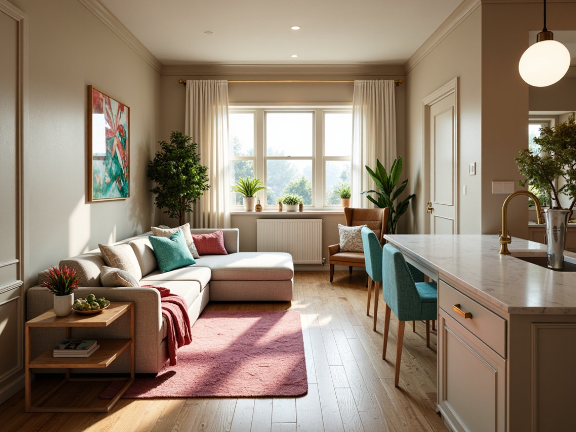 Prompt: Cozy apartment interior, soft natural light, warm beige walls, rich wood flooring, plush area rugs, comfortable sectional sofa, vibrant turquoise accents, pastel pink hues, creamy white marble countertops, metallic gold hardware, lush greenery, botanical prints, textured throw blankets, warm ambient lighting, shallow depth of field, 3/4 composition, realistic textures, ambient occlusion.