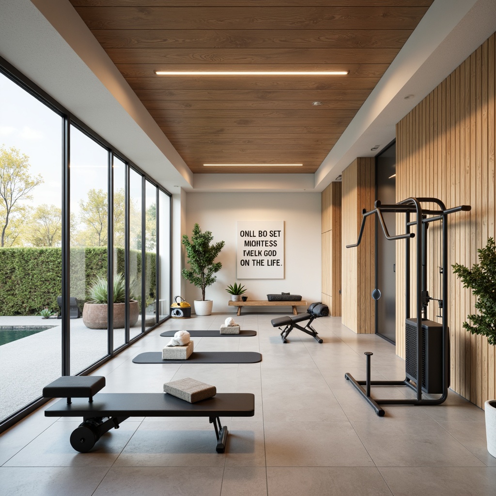 Prompt: Minimalist home gym, Scandinavian style decor, light wood accents, clean lines, functional layout, floor-to-ceiling windows, natural daylight, serene atmosphere, state-of-the-art fitness equipment, sleek exercise machines, free weights, yoga mats, mirrored walls, motivational quotes, calming color palette, soft ambient lighting, shallow depth of field, 3/4 composition, panoramic view, realistic textures, ambient occlusion.