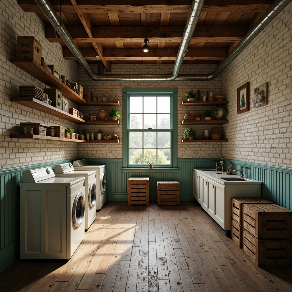 Prompt: \Vintage laundry room, distressed wooden shelves, worn brick walls, rusty metal pipes, antique washing machines, faded denim blue walls, warm beige floorboards, soft mint green accents, creamy white cabinets, rich brown wooden crates, dim warm lighting, shallow depth of field, 1/2 composition, realistic textures, ambient occlusion.\Please let me know if this meets your requirements or if I need to make any adjustments!