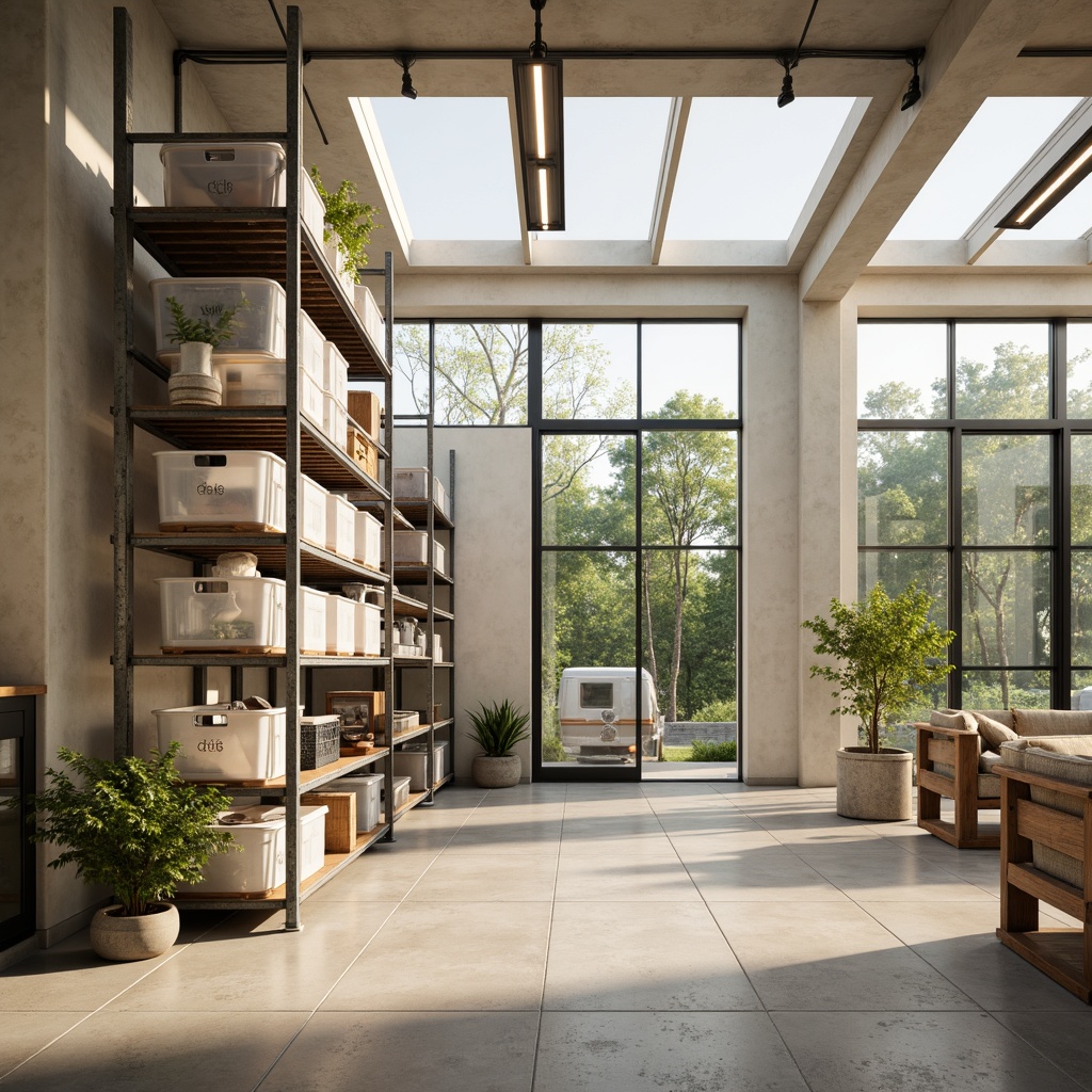 Prompt: Well-organized storage room, ample shelving units, transparent plastic bins, metallic racks, industrial-style lighting fixtures, skylights, large windows, sliding glass doors, natural stone flooring, creamy white walls, minimalist decor, clutter-free space, warm afternoon sunlight, soft diffused light, shallow depth of field, 1/1 composition, realistic textures, ambient occlusion.