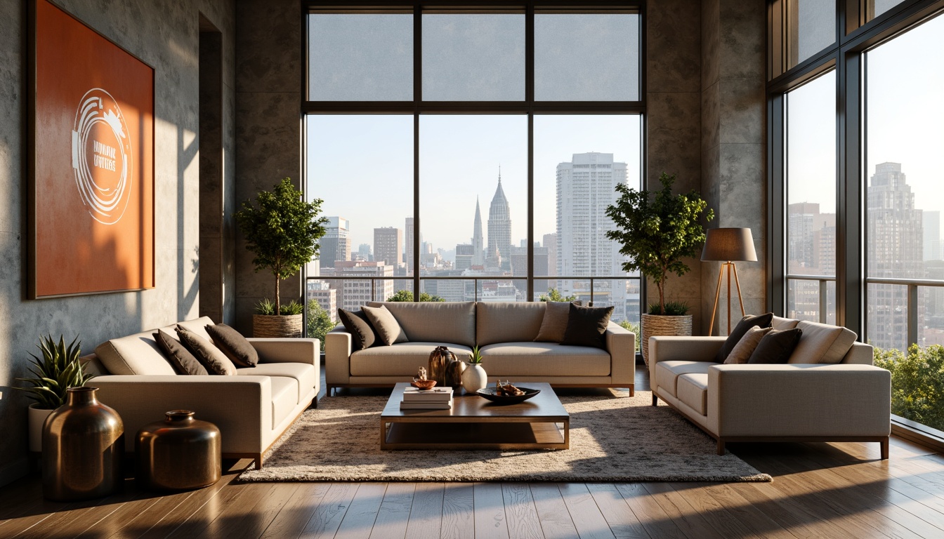 Prompt: Modern living room, sleek furniture, abstract artwork, luxurious rugs, ambient floor lamps, minimalist coffee tables, metallic vases, potted greenery, natural stone walls, large windows, cityscape views, soft warm lighting, shallow depth of field, 1/2 composition, realistic textures, ambient occlusion.