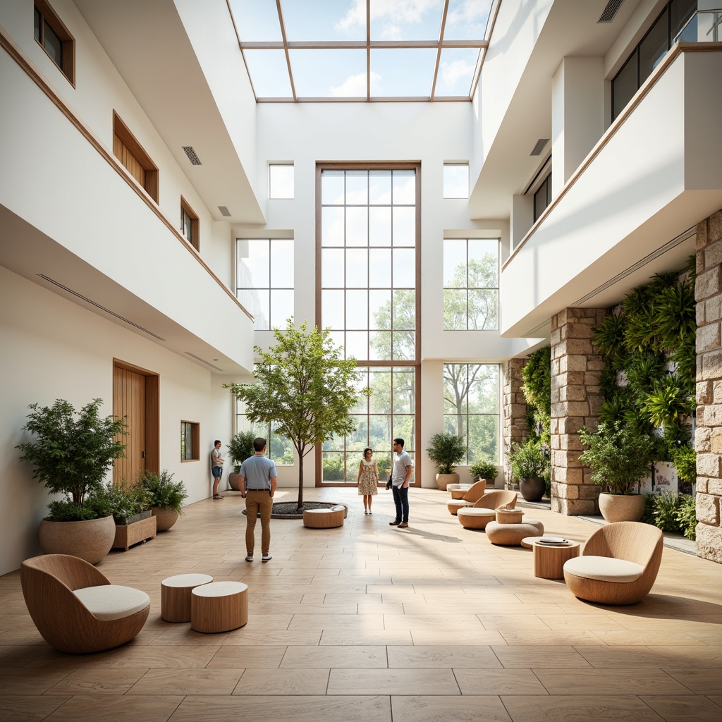 Prompt: Light-filled museum atrium, Nordic-inspired architecture, minimalist white walls, polished wooden floors, floor-to-ceiling windows, natural stone features, living green walls, botanical exhibits, soft diffused lighting, 1/1 composition, shallow depth of field, realistic textures, ambient occlusion, Scandinavian modern furniture, organic-shaped displays, neutral color palette, warm beige tones, rustic wooden accents, earthy materiality, serene atmosphere, calm ambiance.