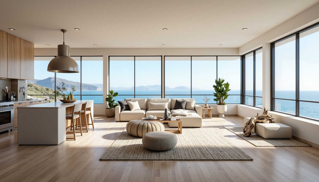 Prompt: Spacious penthouse, coastal style design, open floor plan, high ceilings, large windows, sliding glass doors, ocean views, beachy vibe, light wood flooring, creamy white walls, modern minimalist furniture, sleek kitchen island, stainless steel appliances, pendant lighting, natural stone countertops, plush area rugs, driftwood accents, nautical decor, soft blue and white color scheme, warm sunny day, shallow depth of field, 1/1 composition, panoramic view, realistic textures, ambient occlusion.