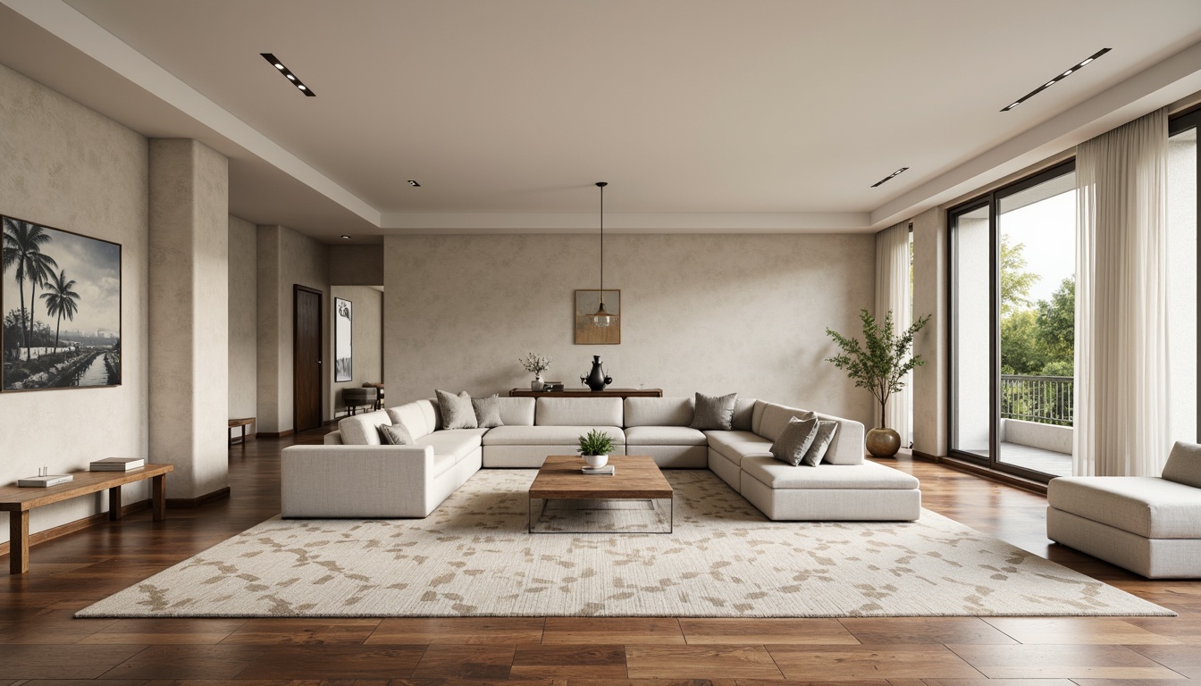 Prompt: Modern great room, neutral color palette, soft beige walls, rich walnut wood flooring, creamy white ceilings, subtle grey accents, comfortable sectional sofas, geometric patterned rugs, floor-to-ceiling windows, minimal ornamentation, warm ambient lighting, 1/1 composition, shallow depth of field, realistic textures, natural daylight, serene atmosphere.