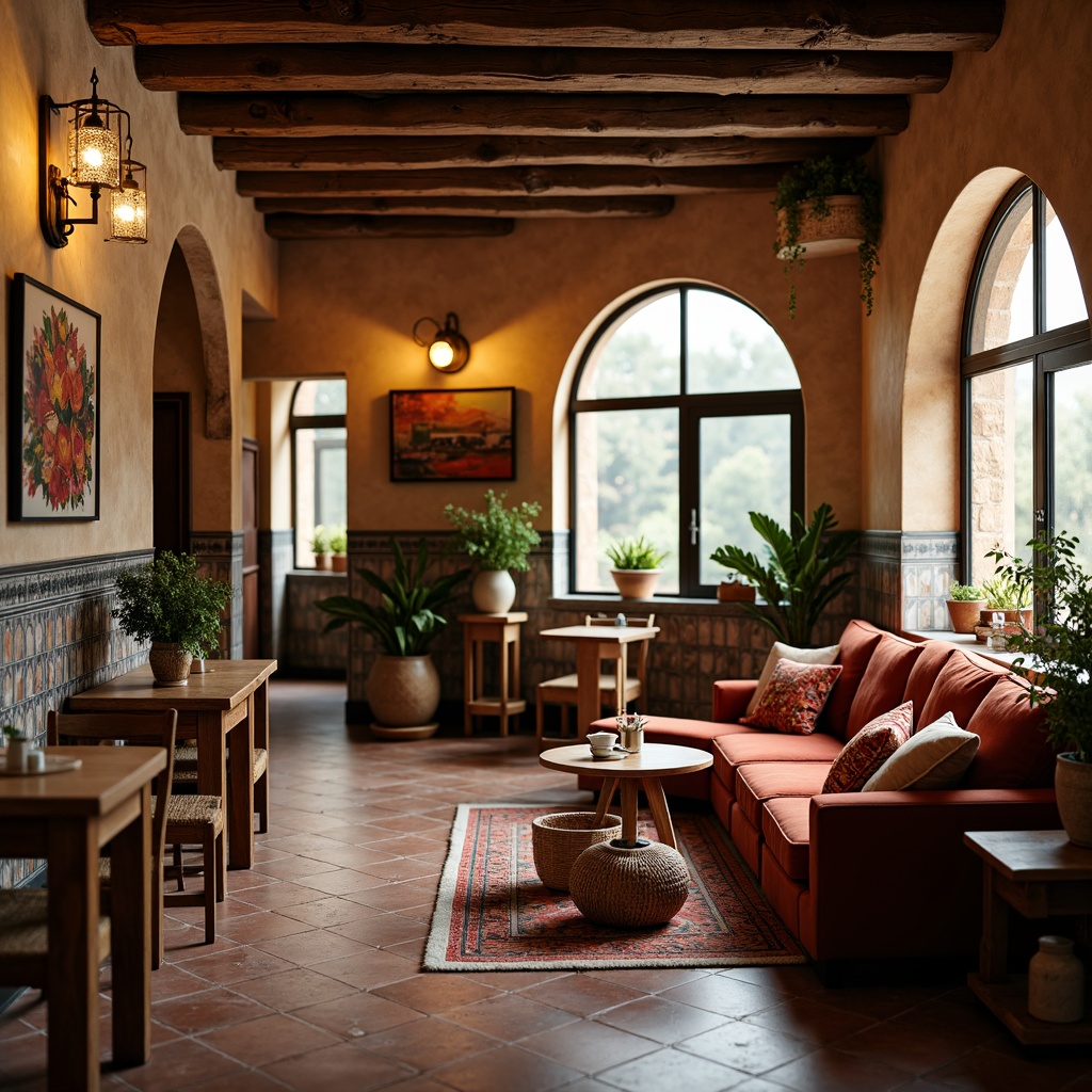 Prompt: Cozy Mediterranean coffee shop, warm earthy tones, rustic wooden accents, distressed stone walls, ornate metalwork, plush velvet sofas, curved wooden chairs, decorative ceramic tiles, colorful Moroccan-inspired textiles, woven wicker baskets, fragrant coffee aromas, soft warm lighting, shallow depth of field, 3/4 composition, intimate atmosphere, realistic wood grain textures, ambient occlusion.