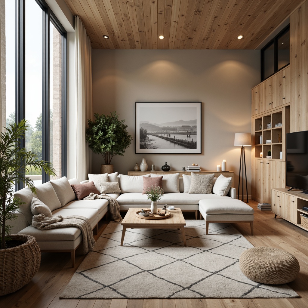 Prompt: Cozy Scandinavian family room, natural wood accents, light beige walls, comfortable sectional sofas, plush throw pillows, minimalist coffee tables, geometric-patterned rugs, functional storage units, floor-to-ceiling windows, soft warm lighting, shallow depth of field, 1/1 composition, realistic textures, ambient occlusion, Nordic-inspired decorative items, greenery, candlelight ambiance, peaceful atmosphere.