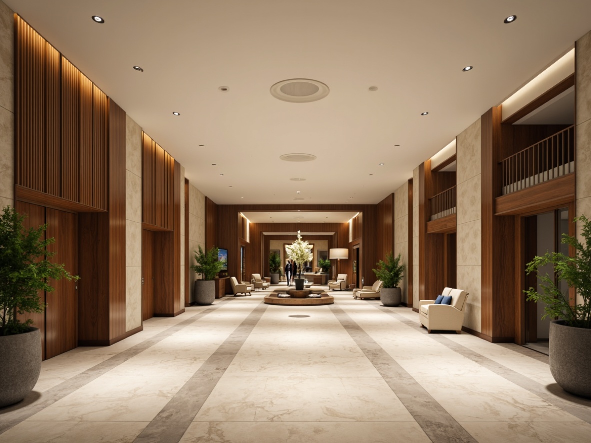 Prompt: Luxurious modern hotel lobby, sleek minimalist lines, polished marble floors, silver metallic accents, warm beige walls, rich wood paneling, sophisticated monochromatic color scheme, deep blues and whites, soft golden lighting, shallow depth of field, 1/1 composition, realistic textures, ambient occlusion.