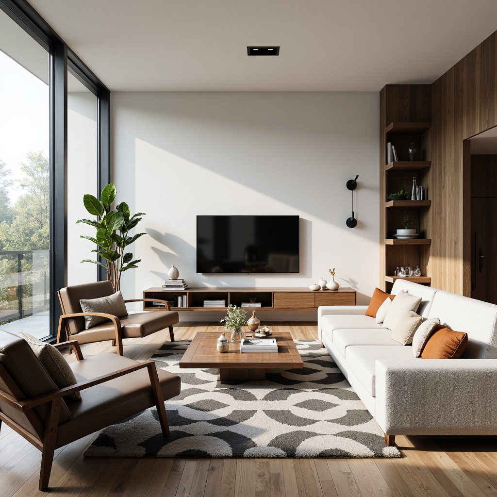 Prompt: Modern living room, sleek furniture, minimalist decor, optimal layout, functional spaces, comfortable seating, wooden coffee table, plush sofa, geometric rug, floor-to-ceiling windows, natural light, airy atmosphere, 3/4 composition, shallow depth of field, realistic textures, ambient occlusion.