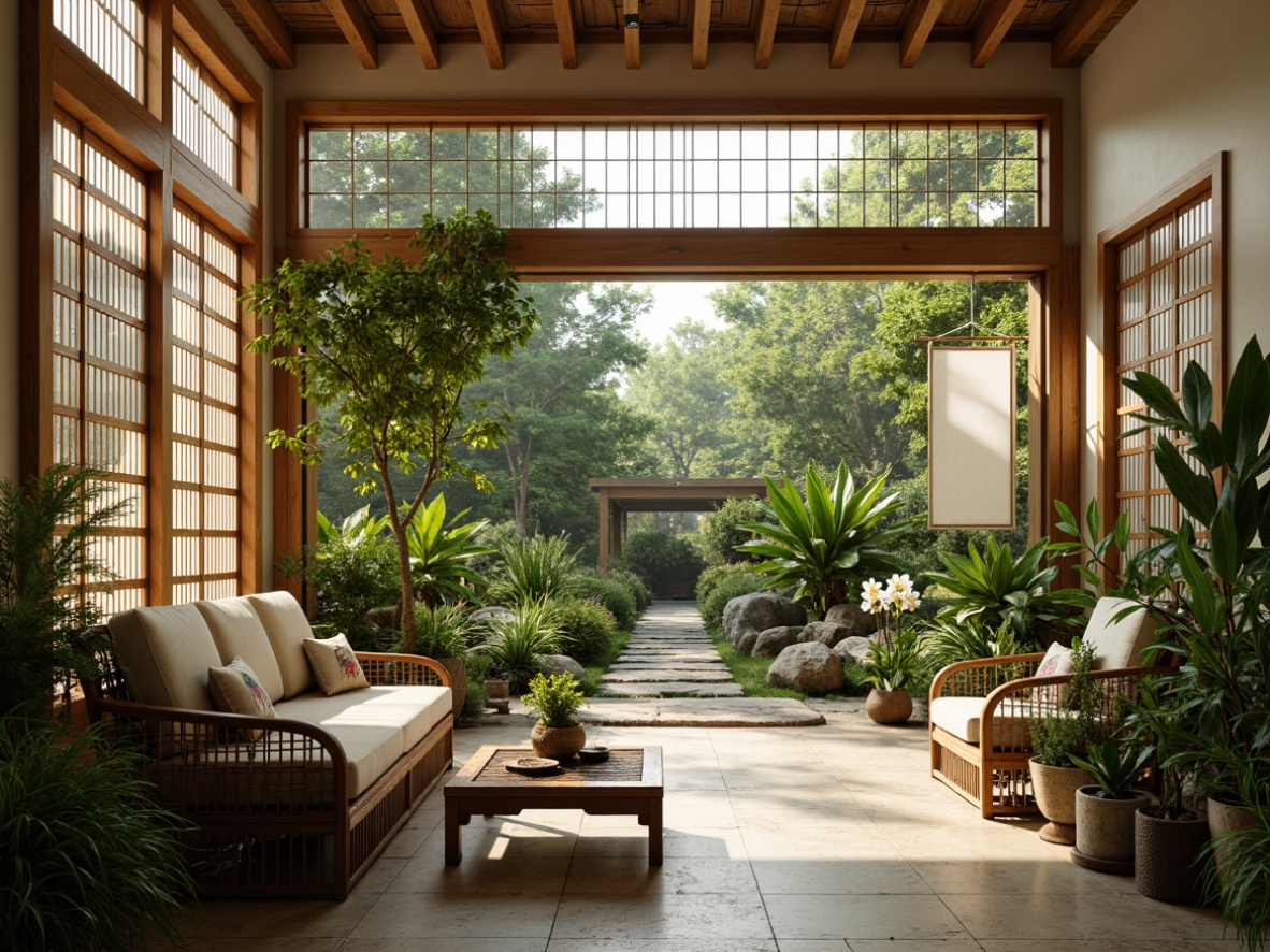 Prompt: Asian-inspired sunroom, lush greenery, natural light filtering through shoji screens, wooden accents, traditional Japanese sliding doors, paper lanterns, intricately carved wooden furniture, vibrant tropical plants, bamboo shoots, ferns, peace lilies, orchids, bonsai trees, stone pathways, water features, koi ponds, serene ambiance, warm beige tones, minimal ornamentation, 1/1 composition, soft box lighting, shallow depth of field.