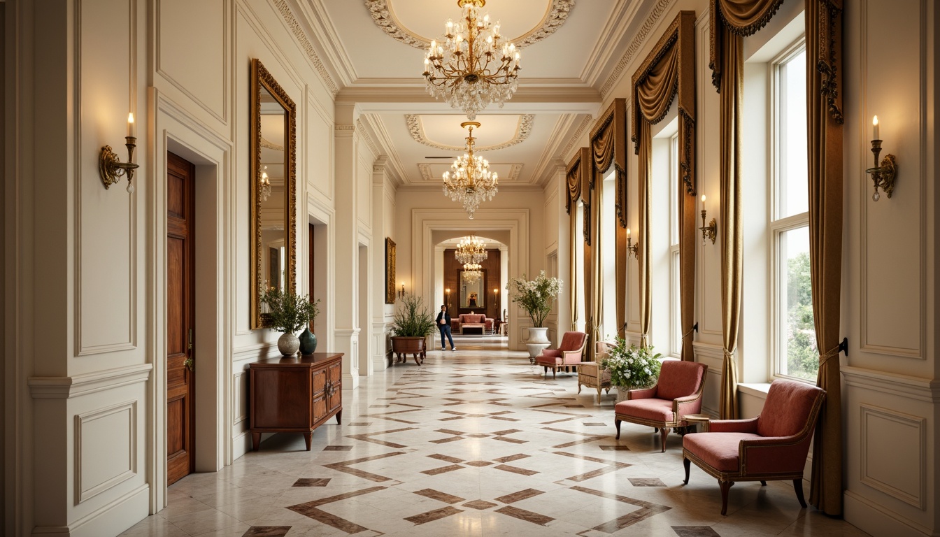 Prompt: Elegant hallway, high ceilings, ornate moldings, cream-colored walls, polished marble floors, intricate parquet patterns, gilded mirrors, crystal chandeliers, velvet drapes, richly upholstered furniture, carved wooden accents, subtle gold leafing, soft warm lighting, shallow depth of field, 1/1 composition, realistic textures, ambient occlusion.