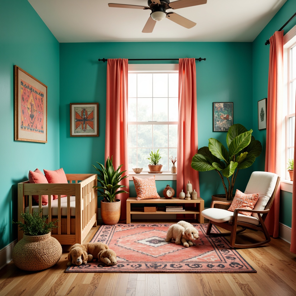 Prompt: Vibrant turquoise walls, warm beige floors, Southwestern patterned rug, colorful woven baskets, plush toys, crib with carved wooden accents, soft pastel curtains, natural light pouring in, gentle warm lighting, 1/1 composition, shallow depth of field, realistic textures, ambient occlusion, bold geometric shapes, Native American-inspired textiles, vibrant coral and turquoise hues, earthy terracotta pots, lush green plants, cozy reading nook, comfortable glider chair.