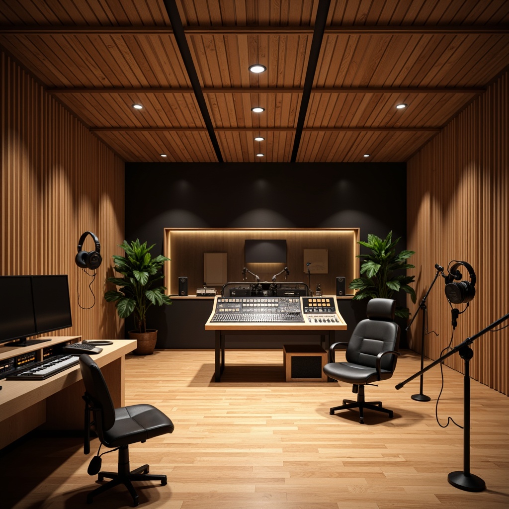 Prompt: Soundproof recording studio, acoustic panels, wood grain texture, minimalist interior design, professional audio equipment, microphone stands, soundboards, speakers, headphones, ergonomic chairs, dimmable warm lighting, 1/1 composition, shallow depth of field, realistic textures, ambient occlusion.