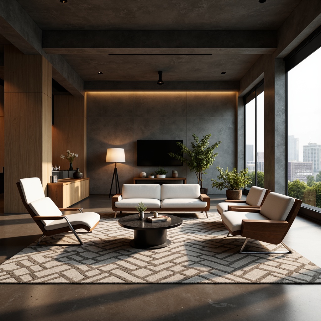 Prompt: Minimalist living room, sleek low-profile sofas, polished chrome legs, velvety smooth upholstery, geometric patterned rugs, modern coffee tables, ambient floor lamps, natural wood accents, industrial chic decor, urban loft atmosphere, soft warm lighting, shallow depth of field, 3/4 composition, realistic textures, subtle color palette, avant-garde sculptural pieces, futuristic ergonomic chairs, dynamic curved lines, luxurious marble tops, sophisticated storage units, cutting-edge technology integration.