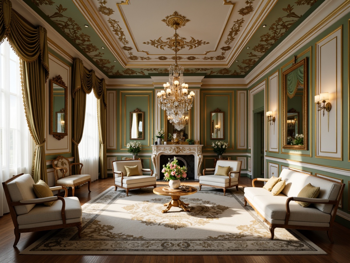 Prompt: Opulent Rococo interior, lavish furnishings, rich velvet fabrics, intricate gold ornaments, soft creamy whites, warm beige tones, luxurious emerald greens, deep jewel blues, ornate mirrors, crystal chandeliers, delicate lace patterns, subtle sheen textures, dramatic lighting effects, 1/1 composition, shallow depth of field, realistic reflections.