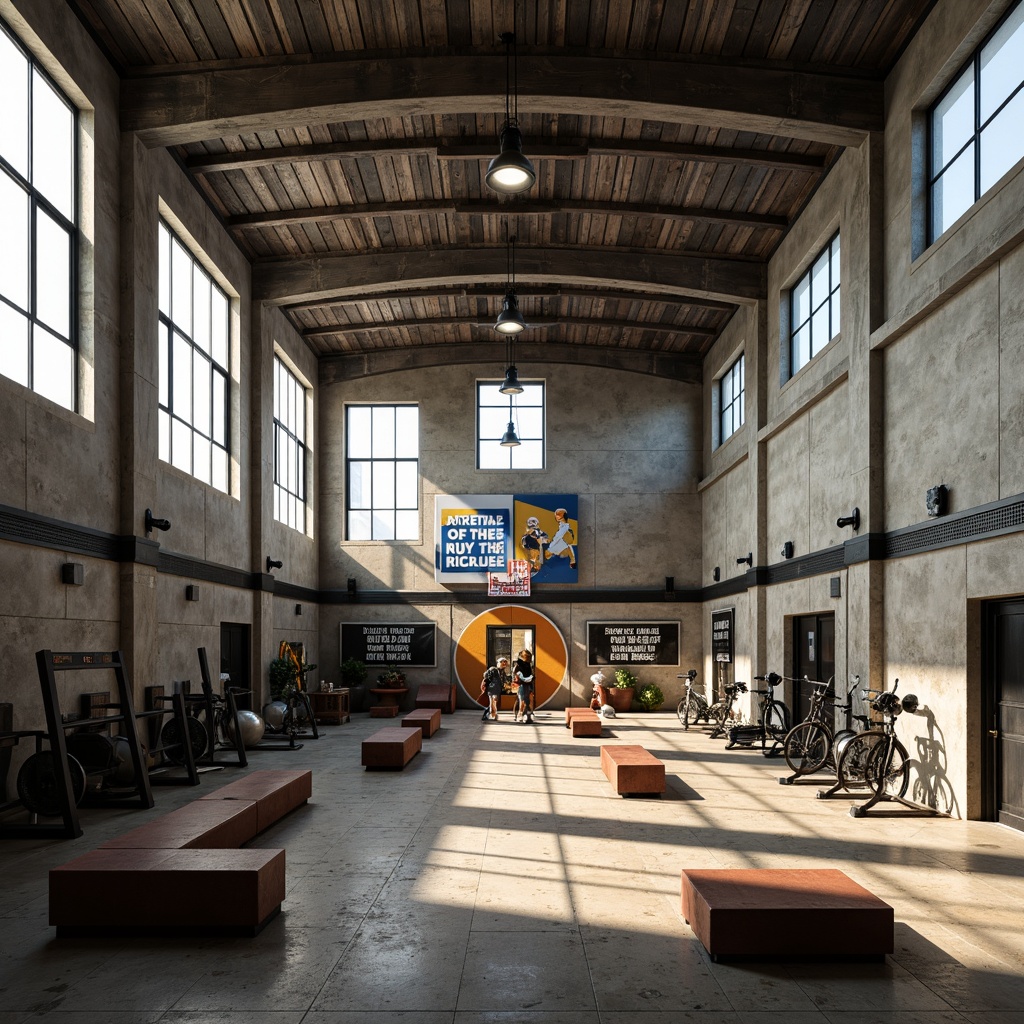 Prompt: Rustic gymnasium interior, brutalist architecture, exposed concrete walls, steel beams, industrial-style lighting, reclaimed wood accents, distressed metal furniture, bold color schemes, athletic equipment displays, motivational quotes, minimal ornamentation, functional design, raw textures, high ceilings, natural ventilation, abundant daylight, dynamic shadows, realistic reflections, detailed normal maps, cinematic composition, dramatic camera angles.