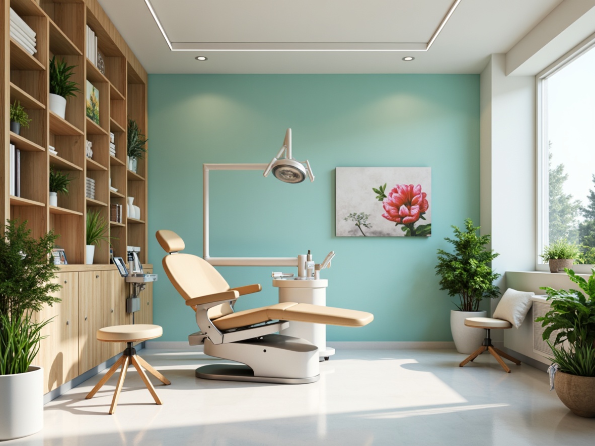 Prompt: Calm dental clinic, soothing blue-green color scheme, cream-colored walls, sleek modern furniture, stainless steel equipment, natural wood accents, gentle LED lighting, soft shadows, 1/1 composition, shallow depth of field, realistic textures, ambient occlusion, serene atmosphere, comfortable waiting area, lush green plants, vibrant floral arrangements, clean white floors, subtle geometric patterns.