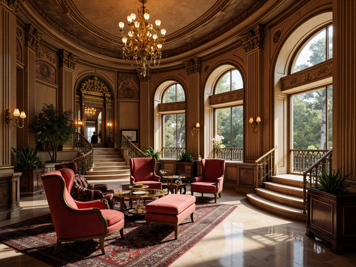 Prompt: Luxurious office interior, ornate detailing, gilded accents, rich velvet fabrics, intricately carved wooden furniture, grandiose chandeliers, lavish marble floors, opulent furnishings, dramatic archways, sweeping staircases, majestic columns, intricate moldings, ornamental mirrors, lavish textiles, regal color palette, warm golden lighting, shallow depth of field, 1/2 composition, realistic reflections, ambient occlusion.