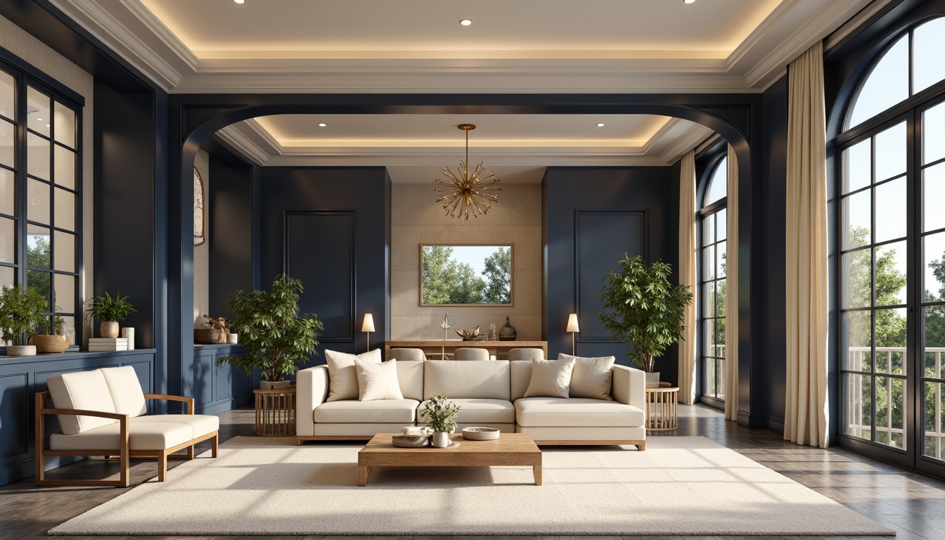 Prompt: Navy blue walls, creamy white trim, warm beige furniture, rich wood accents, soft gold lighting fixtures, plush cream-colored carpets, natural stone floors, elegant modern architecture, spacious open layouts, abundant natural light, subtle gradient effects, realistic material textures, atmospheric ambient occlusion.