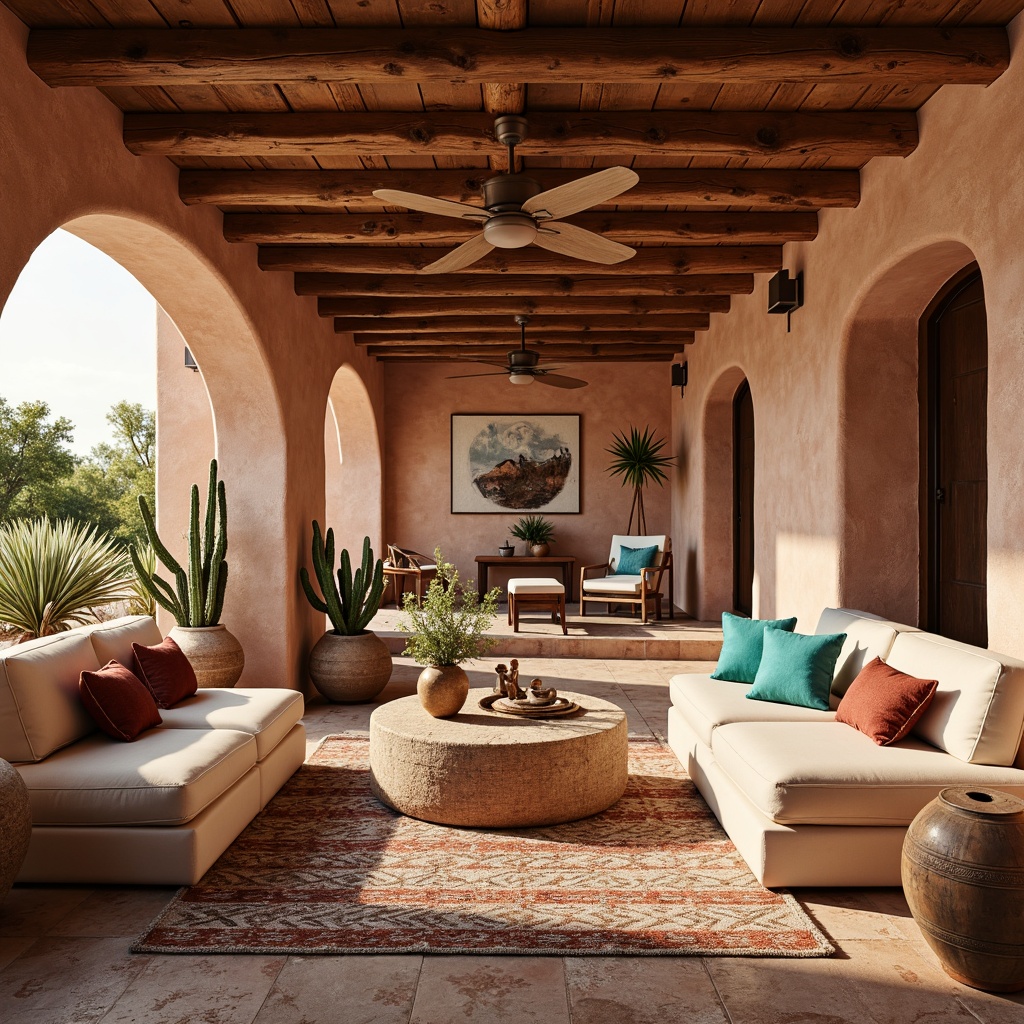 Prompt: Adobe earth tones, warm terracotta hues, natural stone walls, rustic wooden accents, woven textiles, vibrant turquoise accents, geometric patterned rugs, distressed leather furniture, rough-hewn wooden beams, earthy ceramic vases, organic shapes, desert botanicals, cactus silhouettes, warm golden lighting, shallow depth of field, 3/4 composition, panoramic view, realistic textures, ambient occlusion.