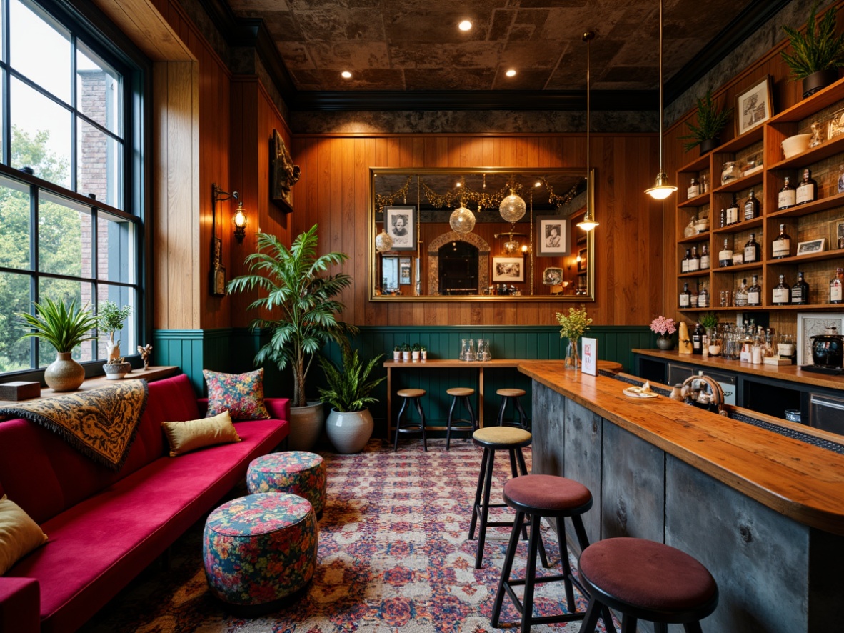 Prompt: Eclectic home bar, rich wood tones, velvet upholstery, brass accents, ornate mirrors, vintage posters, distressed brick walls, industrial metal shelves, reclaimed wooden counters, mismatched bar stools, bold colorful fabrics, Moroccan-inspired tiles, warm dim lighting, 1/2 composition, shallow depth of field, realistic textures.