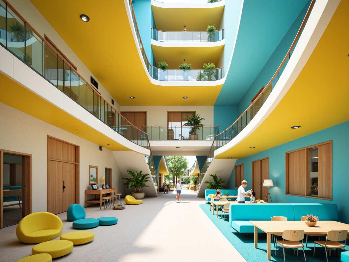 Prompt: Vibrant elementary school, modern streamline architecture, curved lines, minimal ornamentation, bright color scheme, energetic yellow accents, calming blue undertones, neutral beige backgrounds, playful turquoise highlights, sleek glass railings, polished chrome fixtures, minimalist furniture design, open floor plans, natural light influx, softbox lighting, shallow depth of field, 1/1 composition, realistic textures, ambient occlusion.