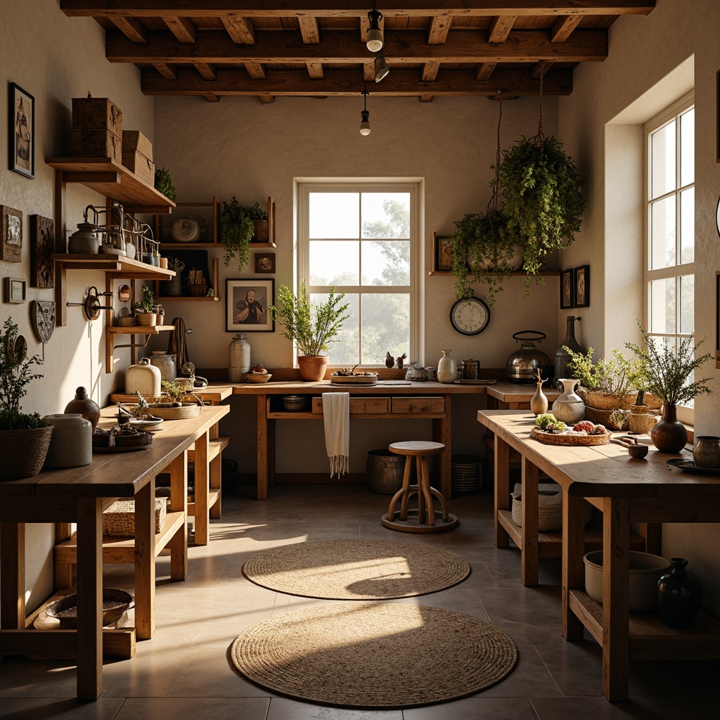 Prompt: Cozy workshop, wooden workbenches, scattered tools, warm softbox lighting, subtle shadows, creamy color palette, rustic wood accents, vintage metal fixtures, woven textiles, earthy tone ceramics, natural fiber rugs, ambient occlusion, shallow depth of field, 2/3 composition, warm color temperature, realistic textures.