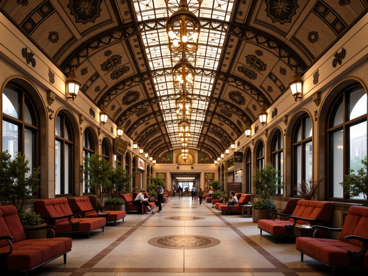 Prompt: Grand metro station, ornate ironwork, flowing curves, sinuous lines, stained glass ceilings, intricate mosaics, luxurious chandeliers, polished marble floors, plush velvet benches, curved wooden armchairs, ornamental metal fixtures, Art Nouveau-inspired patterns, rich jewel tones, warm golden lighting, shallow depth of field, 1/2 composition, realistic textures, ambient occlusion.