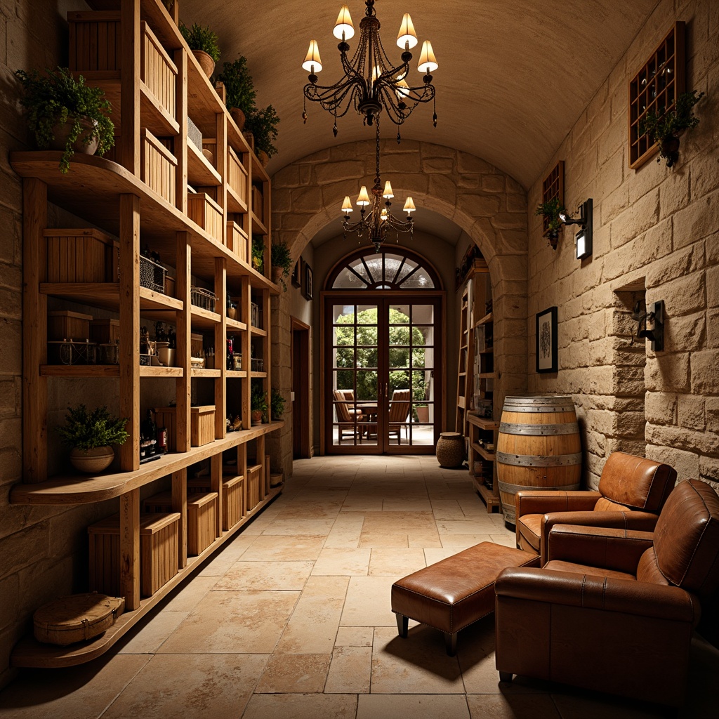 Prompt: Rustic wine cellar, reclaimed wood shelving, wooden crates, vintage wine barrels, dim warm lighting, stone walls, arched doorways, earthy tones, natural textures, craftsmen-style decor, ornate metalwork, wooden ladder, rich leather furnishings, wine glass racks, elegant chandeliers, warm beige colors, soft shadows, shallow depth of field, 1/2 composition, realistic wood grain, ambient occlusion.